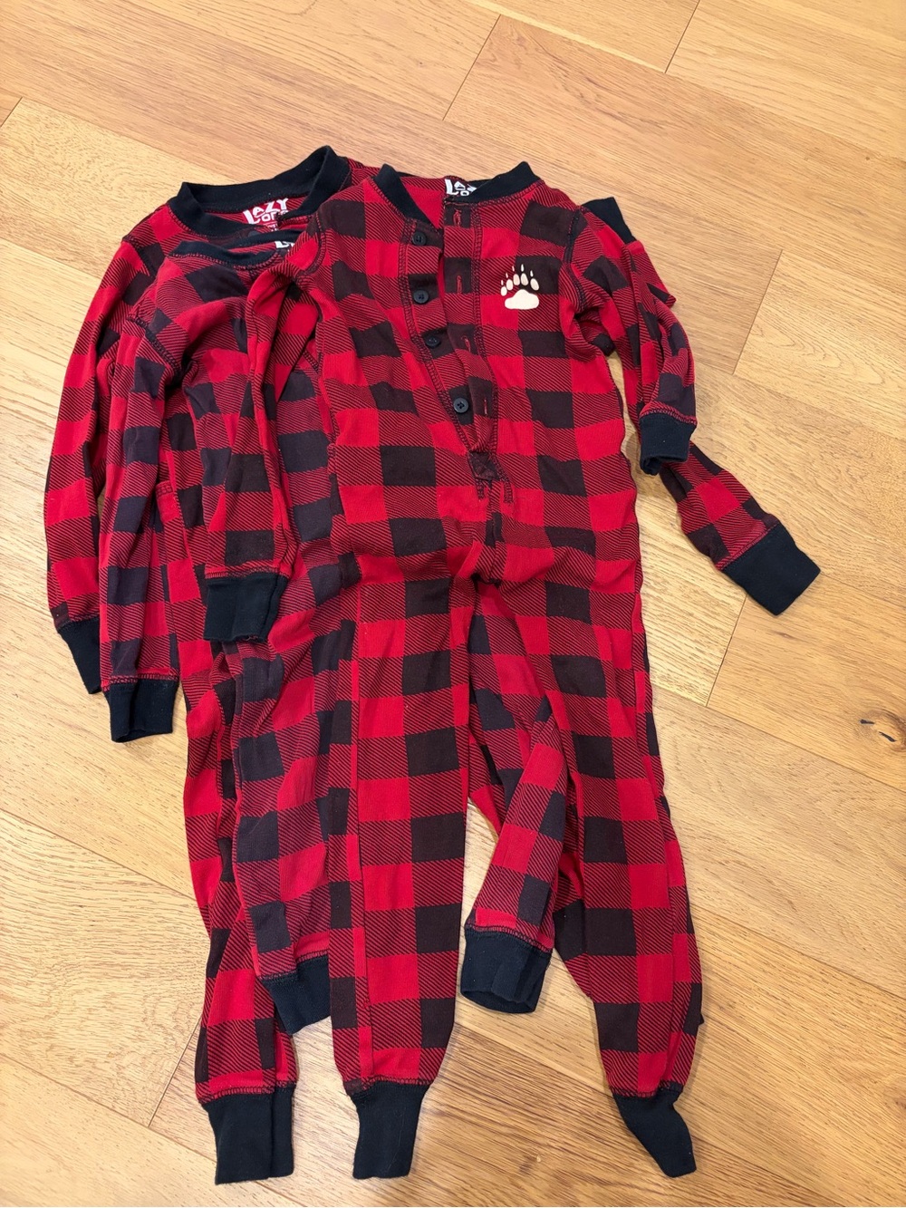 Set of 3 Lazy One Red and Black Buffalo Plaid Kids Footless Pajama Romper